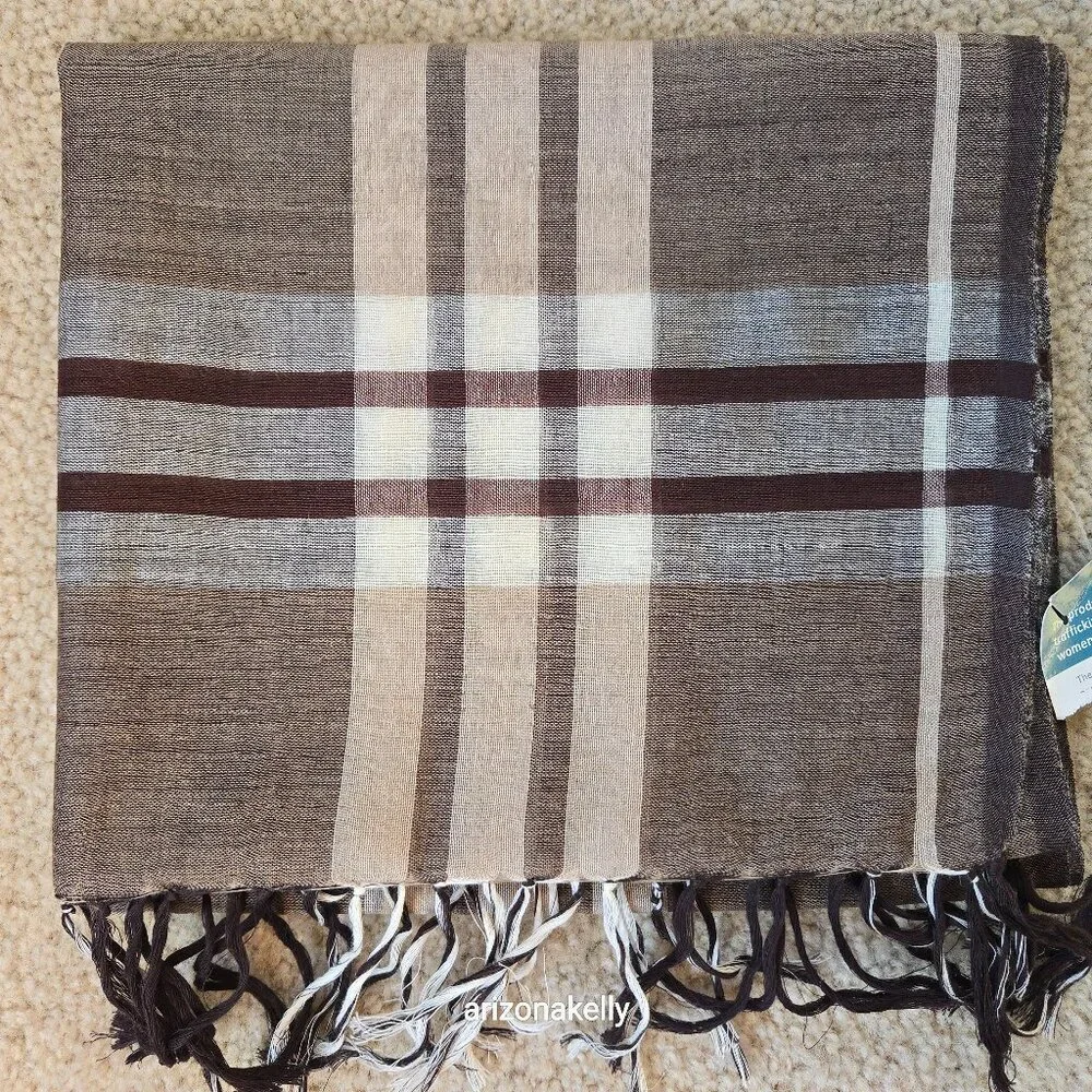 NWT Wool/Cotton Blend Lightweight Scarf Brown Tan Plaid Freeset Fabric